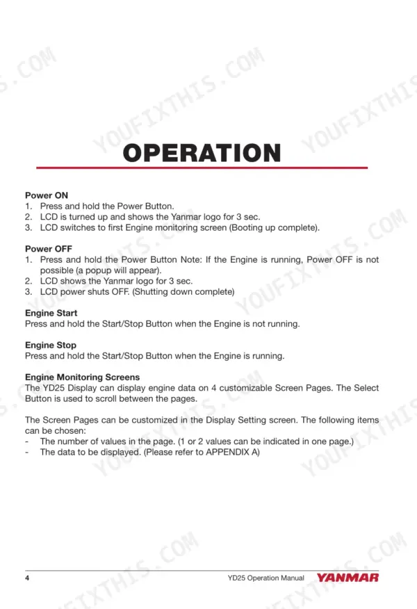 Yanmar YD25 operation manual page detailing power on, power off, engine start, stop, and monitoring screen procedures.