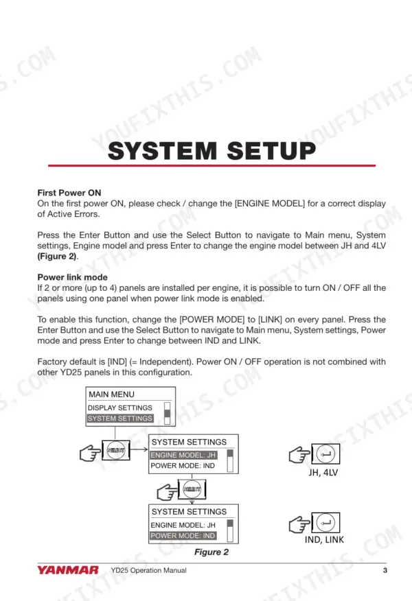 Yanmar YD25 operation manual system setup, engine model selection, and power link mode configuration procedures.