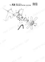 5f75cdf2-b-exploded-view-28 Yanmar 3TN84L-RBS exploded view of cooling water system showing water pump, cooling fan, and mounting hardware.