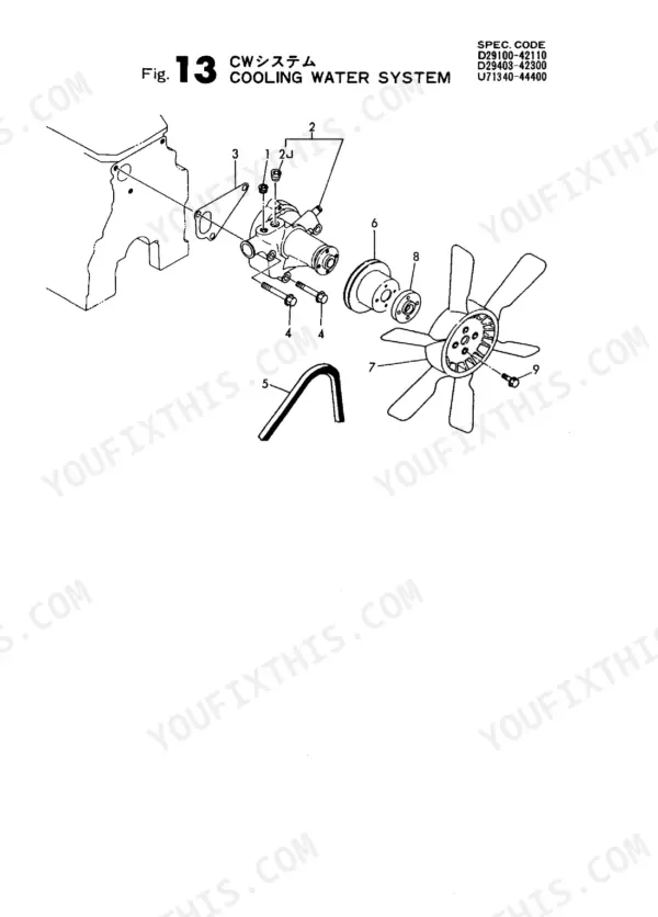 Yanmar 3TN84L-RBS exploded view of cooling water system showing water pump, cooling fan, and mounting hardware.