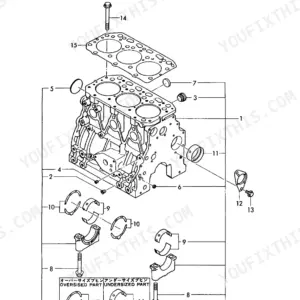 Yanmar 3TN84L-RBS exploded view of cylinder block, main bearings, and head gasket components.