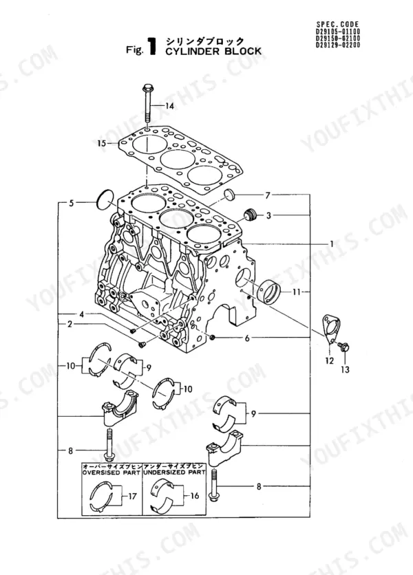 5f75cdf2-b-exploded-view-4 Yanmar 3TN84L-RBS exploded view of cylinder block, main bearings, and head gasket components.