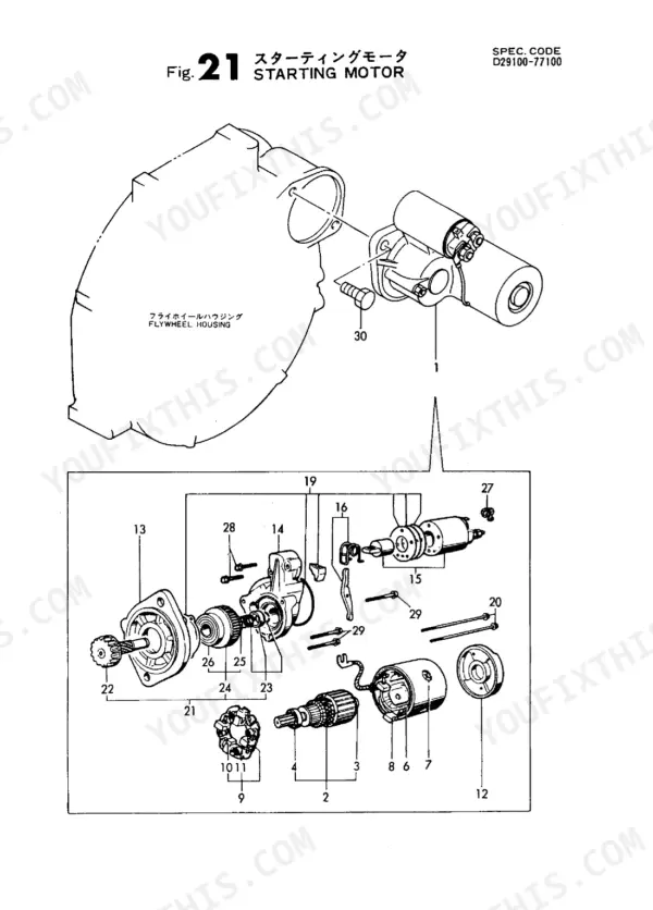 Yanmar 3TN84L-RBS exploded view diagram of the starting motor assembly and flywheel housing mounting components.