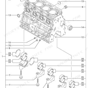 Yanmar 4TNV88-XBV exploded view of cylinder block, main bearings, and head gasket assembly components.