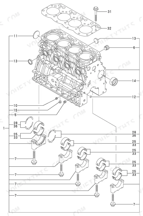 5fb5fa4a-b-exploded-view-3 Yanmar 4TNV88-XBV exploded view of cylinder block, main bearings, and head gasket assembly components.