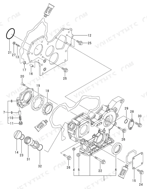 Yanmar 4TNV88-XBV exploded view of the gear case, oil pump components, and oil seal assembly.