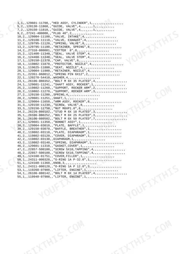 Yanmar 4TNV88-XBV parts list for cylinder head, rocker arm, and breather components with part numbers and descriptions.