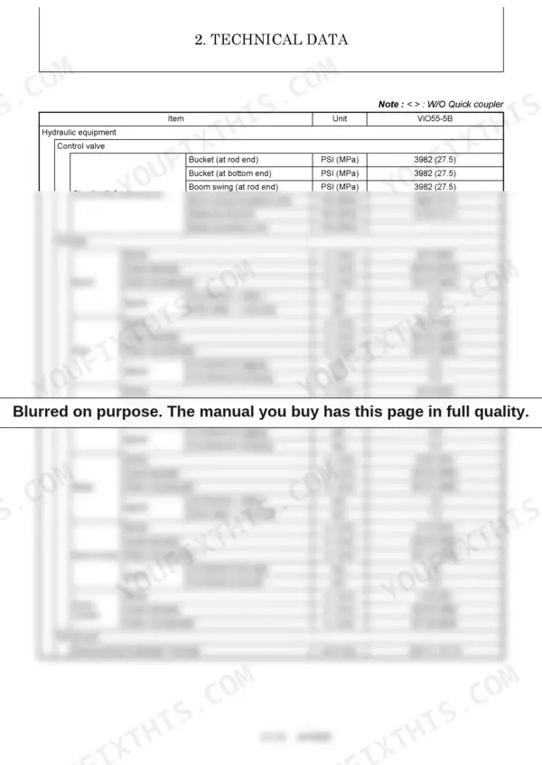 Hydraulic cylinder bore, stroke, and working pressure specifications for boom, arm, and bucket circuits.