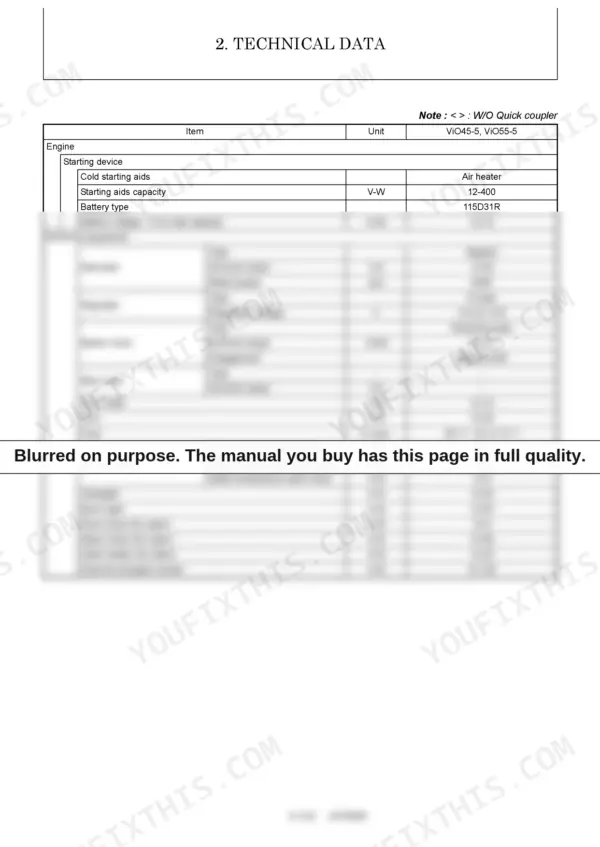 61938ee2-b-specs-43 Engine starting system and electrical equipment technical data table with alternator and starter specs.