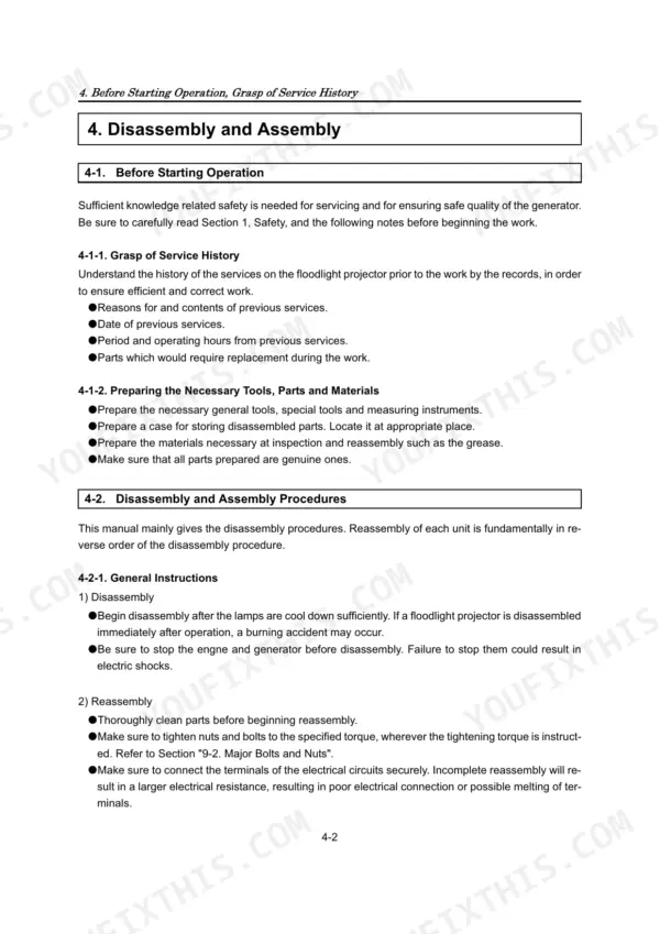 Yanmar LB446HB and LB446H service manual page covering disassembly and assembly procedures and safety instructions.