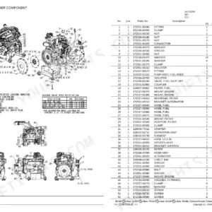 Yanmar S220R engine parts diagram, exploded view of engine components, and governed engine speed specifications table.