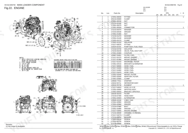61fc69d4-b-parts-list-30 Yanmar S220R engine parts diagram, exploded view of engine components, and governed engine speed specifications table.