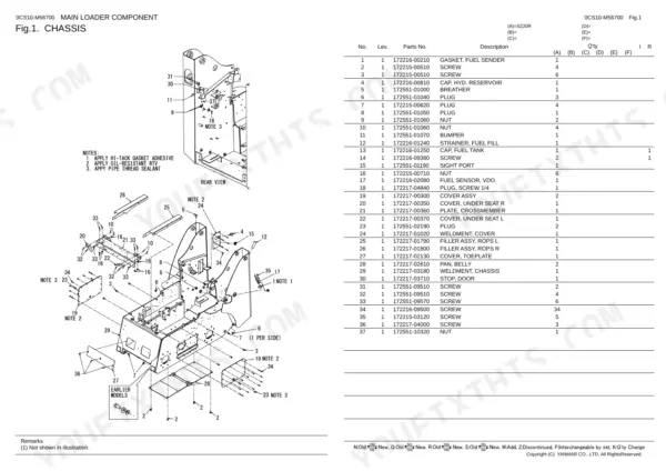 Yanmar S220R chassis exploded view diagram and parts list for fuel tank, covers, and hardware components.