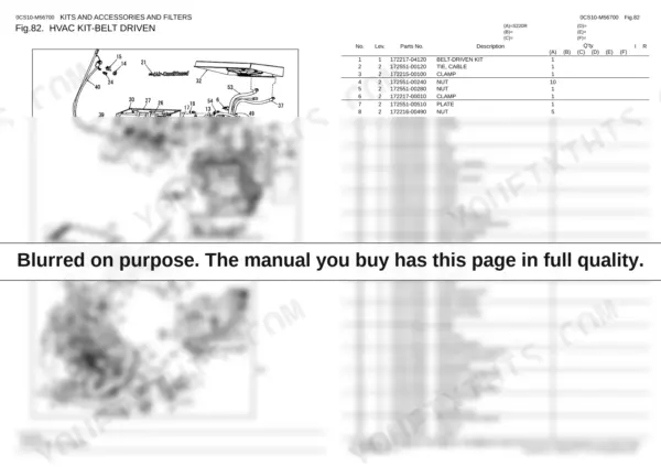 Yanmar S220R exploded view diagram and parts list for the belt-driven HVAC kit, including compressor and duct components.