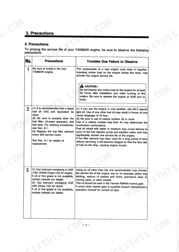 Yanmar 6LY(M)-UTE, 6LY(M)-UTEHD, 6LY(M)-STE, 6LY(M)-UTE STE engine precautions and fuel/oil maintenance table.