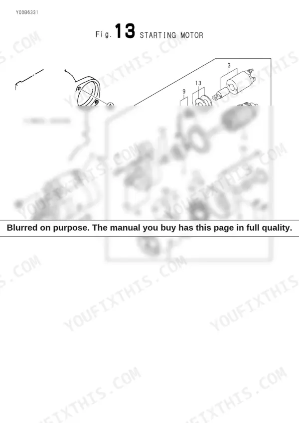 Yanmar 3TN66L-EUBA starting motor exploded view diagram showing solenoid, armature, and housing components.