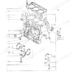 Yanmar 3TN66L-EUBA exploded view diagram of the cylinder block, including main bearings, head gasket, and plugs.