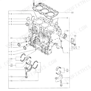 Yanmar 3TN66L-EUBA exploded view diagram of the cylinder block, including main bearings, head gasket, and plugs.