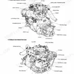 Yanmar 2QM15 engine exterior view diagrams showing intake and exhaust side components, labels, and engine parts.