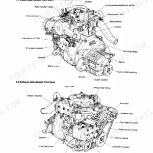 Yanmar 2QM15 engine exterior view diagrams showing intake and exhaust side components, labels, and engine parts.