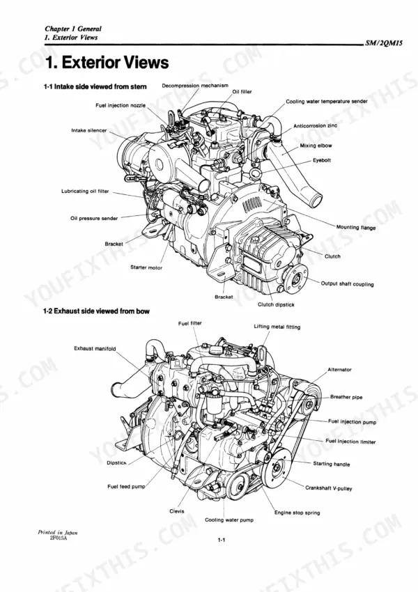 6b593ee4-b-exploded-view-5 Yanmar 2QM15 engine exterior view diagrams showing intake and exhaust side components, labels, and engine parts.