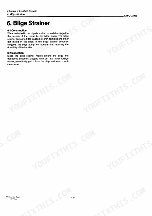 Yanmar 2QM15 service manual page covering construction and inspection procedures for the cooling system bilge strainer.