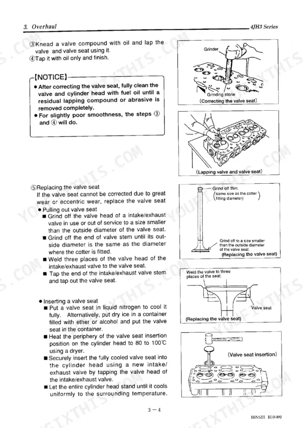 Yanmar 4JH3-TE, 4JH3-HTE, 4JH3-DTE service manual: valve seat overhaul, lapping, and replacement procedures with diagrams.