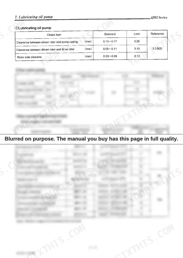 Yanmar 4JH3-TE, 4JH3-HTE, 4JH3-DTE service manual page with oil pump, sea water pump clearances, and bolt torque specs.