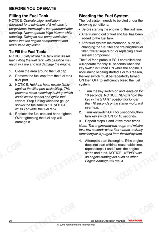 Yanmar 4BY2, 6BY2 procedures for filling the fuel tank and bleeding the fuel system using the key switch.