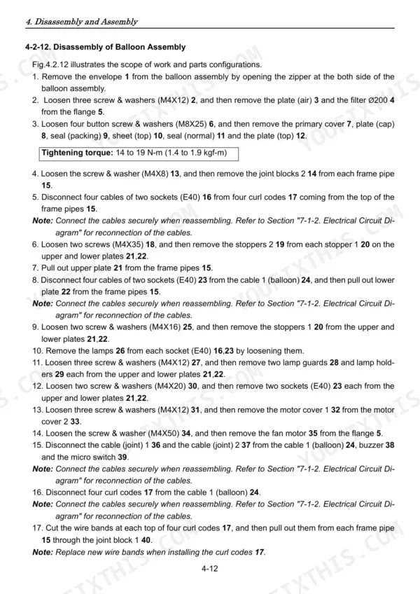 Yanmar Light Boy LB446HB-1, LB446H-1 service manual: step-by-step balloon assembly disassembly and torque specifications.
