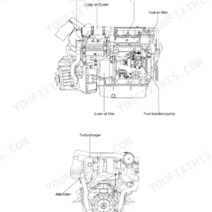 Yanmar 4LHA-HTP series engine parts diagram showing intercooler, lube oil cooler, fuel filter, pump, turbocharger, and alternator.
