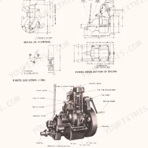 Yanmar 1SM, 2SM, 3SM external dimensions, flywheel detail, bottom view, and engine parts location diagram.