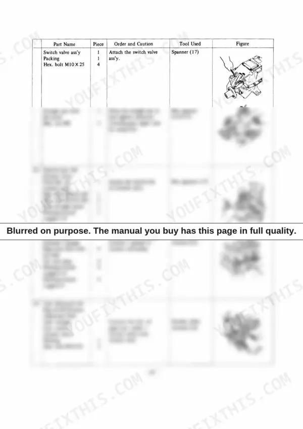 Yanmar 1SM, 2SM, 3SM service manual table showing assembly procedures for switch valve, fuel strainer, and oil pipes.