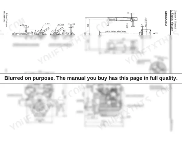74a36264-b2-specs-19 Yanmar 3JH2 Series engine outline diagram showing dimensions, propeller shaft coupling, and pulley details.
