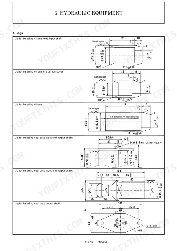 Yanmar C12R hydraulic equipment service manual: technical diagrams for oil seal installation jigs.