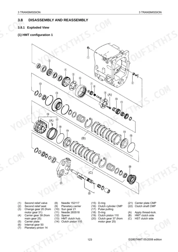 756c9c30-b-exploded-view-170 Yanmar EG907, EG907HMT transmission HMT configuration 1 exploded view diagram with numbered component parts list.