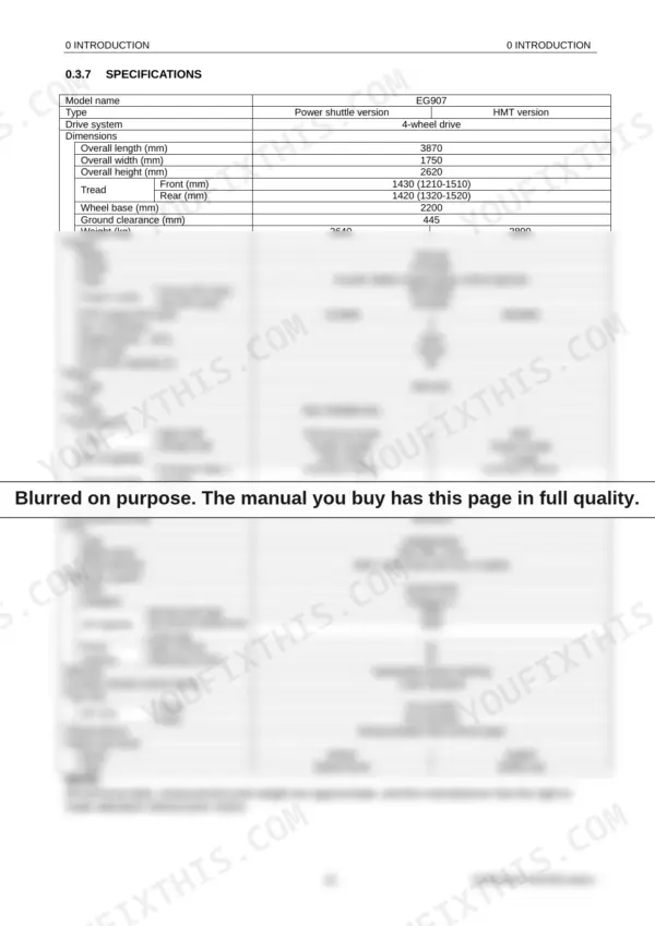 Yanmar EG907, EG907HMT technical specifications table covering dimensions, engine, transmission, and hydraulic system data.