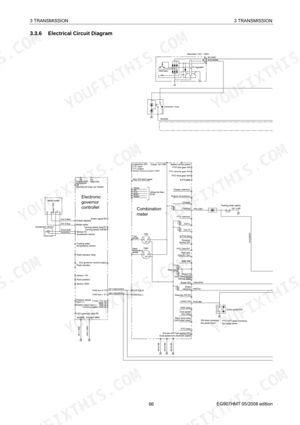 Yanmar EG907, EG907HMT electrical circuit diagram showing electronic governor controller and combination meter wiring.