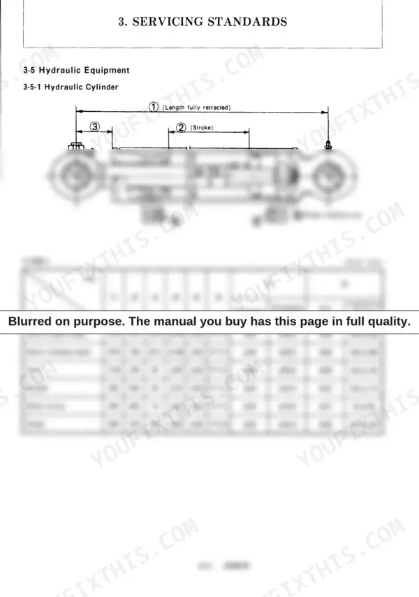 Yanmar ViO50-1 hydraulic cylinder diagram and servicing standards table with torque specifications and dimensions.