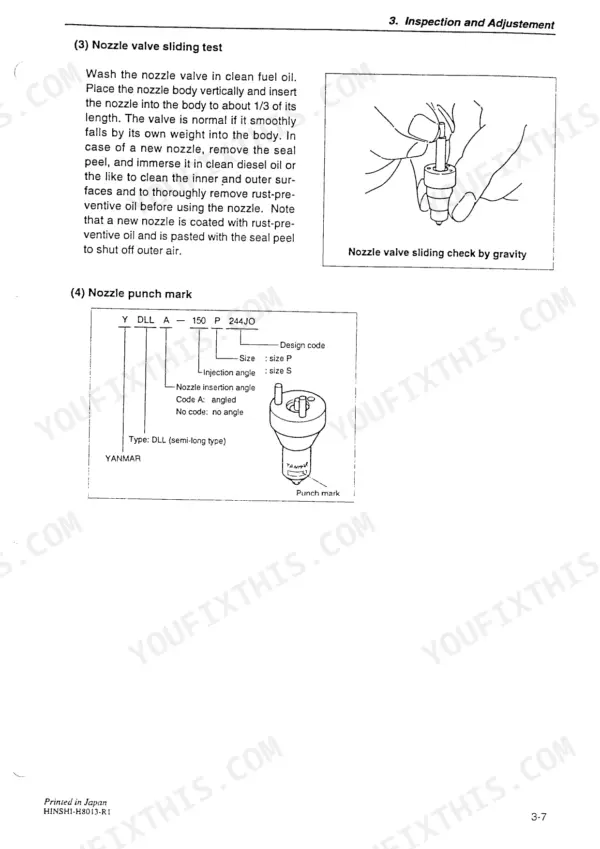 Yanmar 4TNE94, 4TNE98, 4TNE106(T) nozzle valve sliding test procedure and fuel injection nozzle punch mark identification.