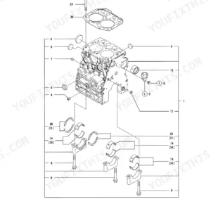 Yanmar 2TNV70-PTB, TB108 exploded view diagram of the engine cylinder block, main bearings, and mounting bolts.