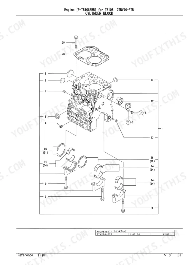 7cb47fc3-b-exploded-view-4 Yanmar 2TNV70-PTB, TB108 exploded view diagram of the engine cylinder block, main bearings, and mounting bolts.