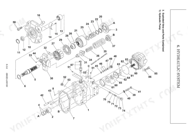 Yanmar ViO35-6A hydraulic pump exploded view diagram showing internal components, solenoid valve assembly, and parts list.