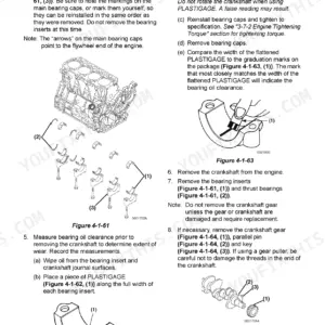 Yanmar ViO35-6A engine service manual showing main bearing cap removal, Plastigage oil clearance measurement, and crankshaft gear removal.