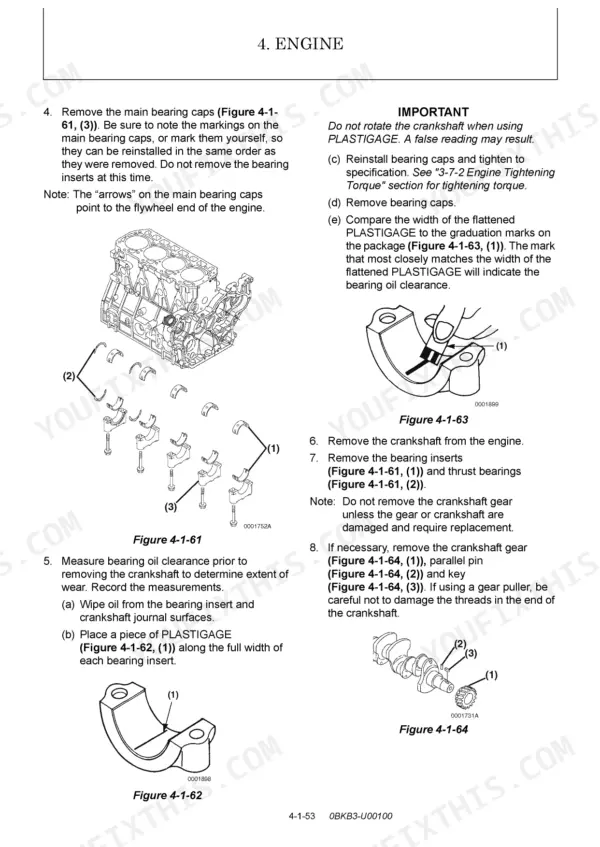 7ce05242-b-procedures-128 Yanmar ViO35-6A engine service manual showing main bearing cap removal, Plastigage oil clearance measurement, and crankshaft gear removal.