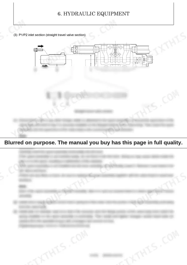 Yanmar ViO35-6A hydraulic straight travel valve section assembly diagram, components, and installation procedures.