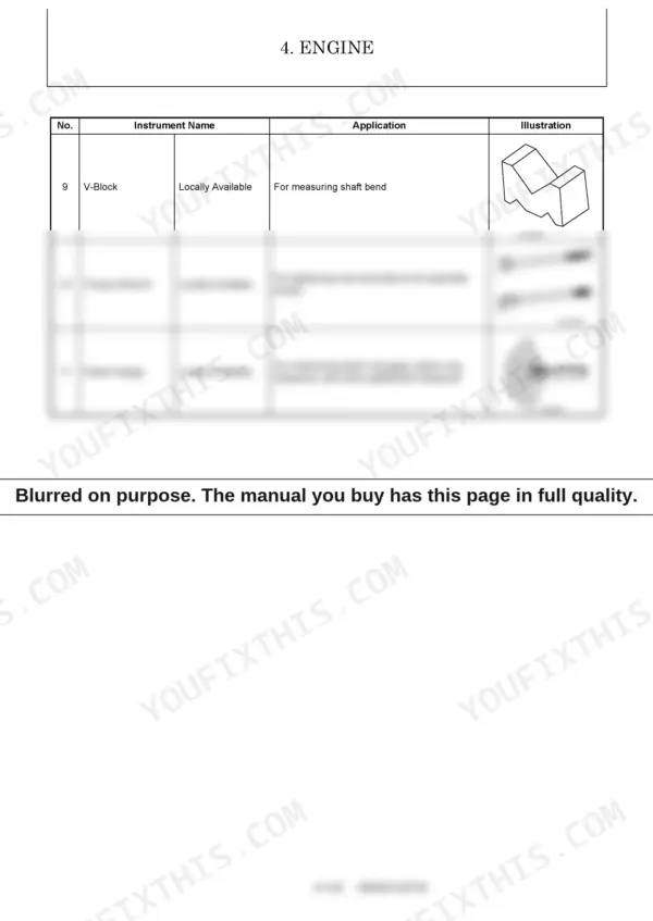 Yanmar ViO35-6A engine service manual table listing V-block, torque wrench, and feeler gauge measurement applications.
