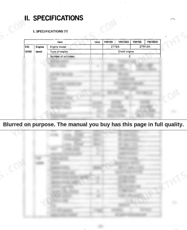 Yanmar YM135(D), YM155(D) engine and fuel system technical specifications table including bore, stroke, and valve timing.