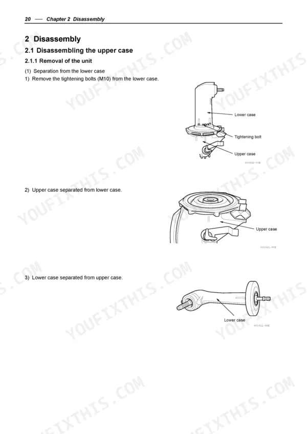 Yanmar SD40, SD50 Series upper case disassembly and unit removal steps.