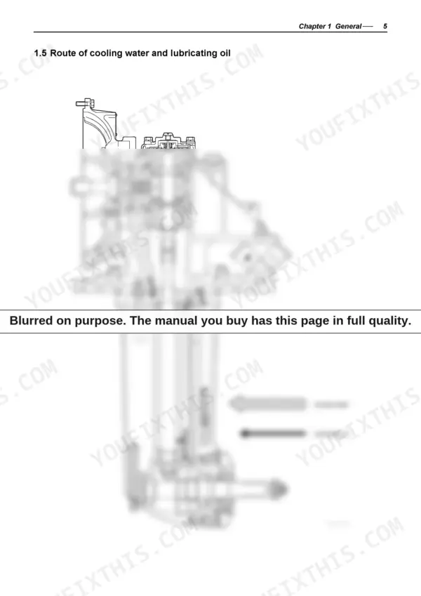 Yanmar SD40, SD50 Series diagram of cooling water and oil flow.